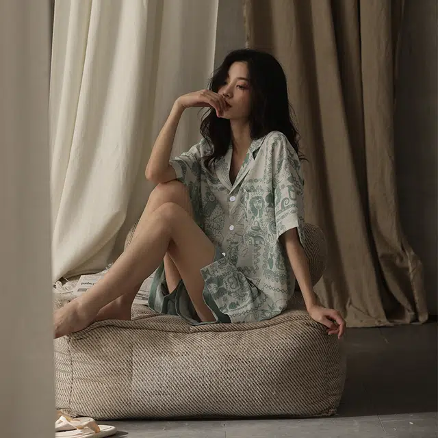 都市丽人 舒适翻领短袖上衣家居服可外穿三分裤睡衣套装 女款 军服蓝