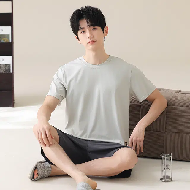 都市丽人 家居服舒适凉感短袖上衣可外穿五分裤睡衣套装 男款 浅灰色