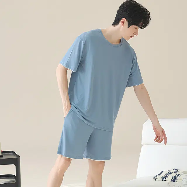 都市丽人 圆领家居服短袖薄款舒适休闲可外穿睡衣套装 男款 深天蓝