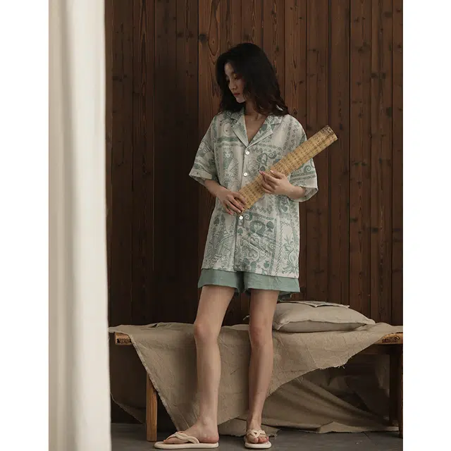 都市丽人 舒适翻领短袖上衣家居服可外穿三分裤睡衣套装 女款 军服蓝