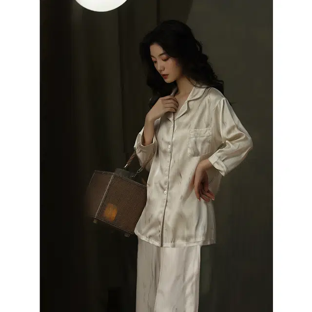 都市丽人 简约休闲风长袖翻领开衫家居服可外穿睡衣套装 女款 香槟色