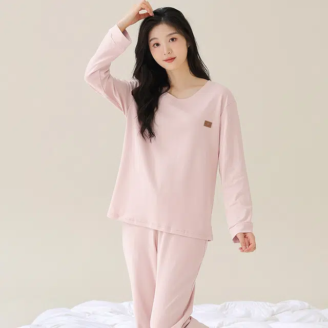都市丽人 简约舒适大码可外穿长袖长裤睡衣套装 女款