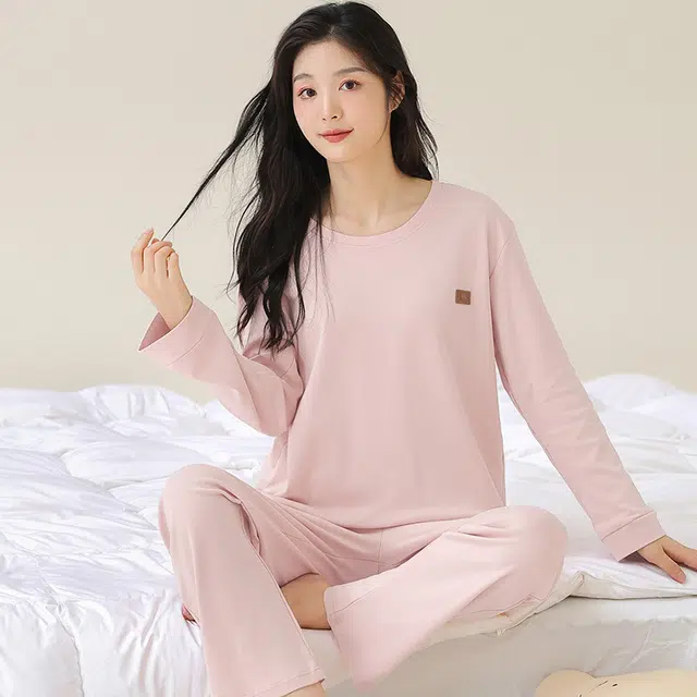 都市丽人 简约舒适大码可外穿长袖长裤睡衣套装 女款