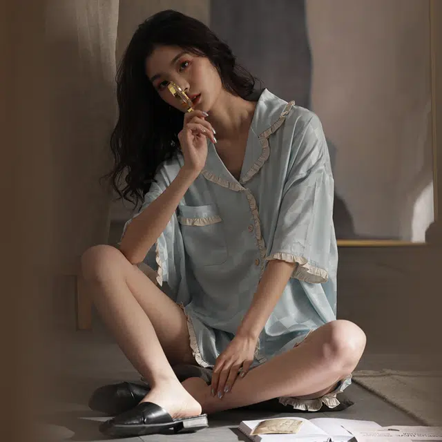 都市丽人 家居服薄款舒适可外出格子高级感睡衣套装 女款 蔚蓝色
