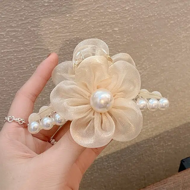 妖娆猫 超仙网纱珍珠花朵后脑勺气质盘发鲨鱼夹发卡韩式高级感 发夹 女款