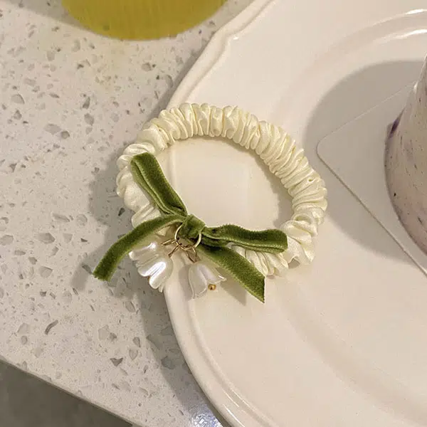 妖娆猫 法式蝴蝶结铃兰花复古皮筋扎头发优雅气质皮套 发圈 女款