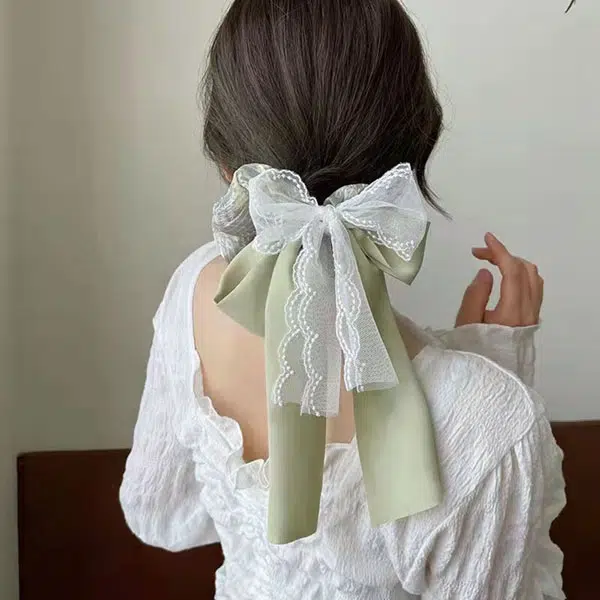 妖娆猫 江南绿大肠 蕾丝蝴蝶结飘带头饰超仙网纱 发圈 头绳 女款