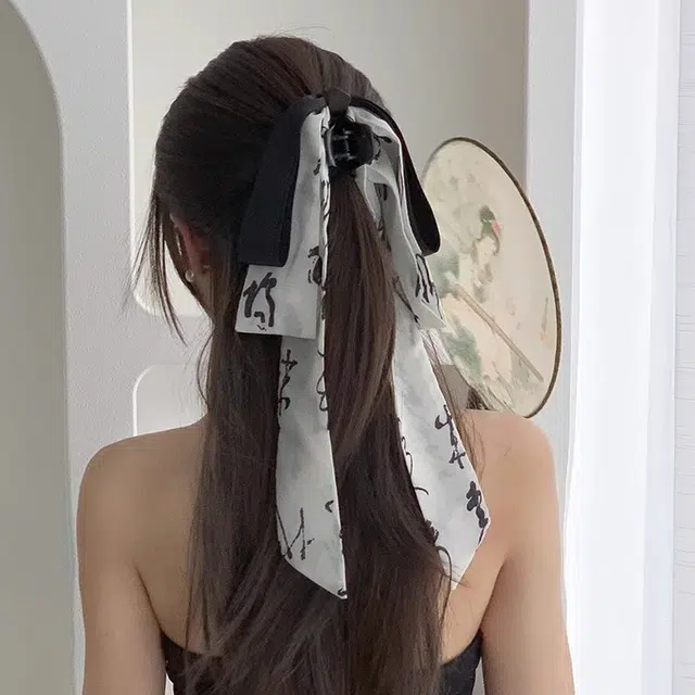 妖娆猫 新中式水墨画蝴蝶结古风飘带马尾夹马面裙汉服鲨鱼夹高级感 发夹 女款