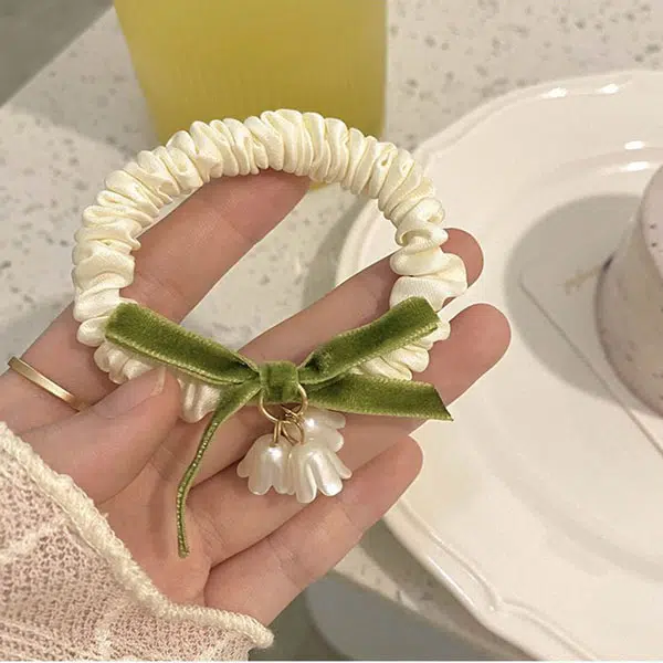 妖娆猫 法式蝴蝶结铃兰花复古皮筋扎头发优雅气质皮套 发圈 女款