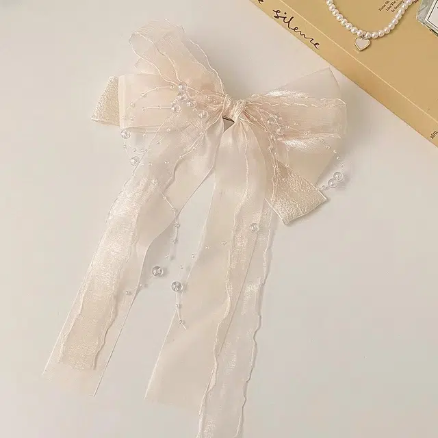 妖娆猫 超仙甜美网纱蝴蝶结后脑勺多层飘带水珠链条弹簧夹高级感 发夹 女款