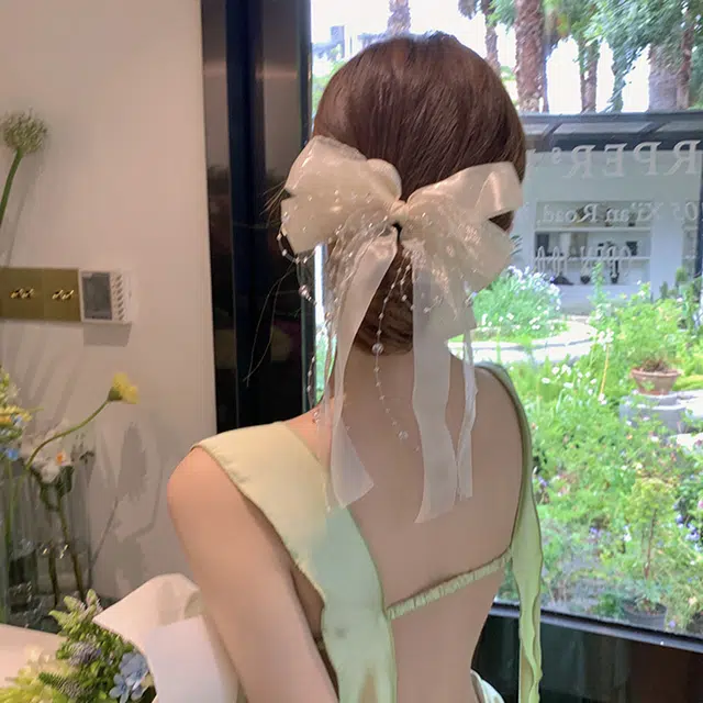 妖娆猫 超仙甜美网纱蝴蝶结后脑勺多层飘带水珠链条弹簧夹高级感 发夹 女款