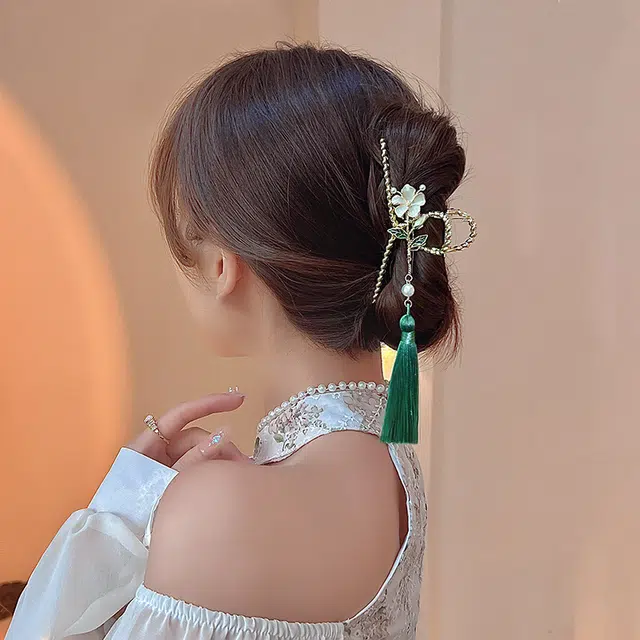 妖娆猫 新中式古风流苏盘发抓夹后脑勺头饰鲨鱼夹套装 合金 发夹 女款