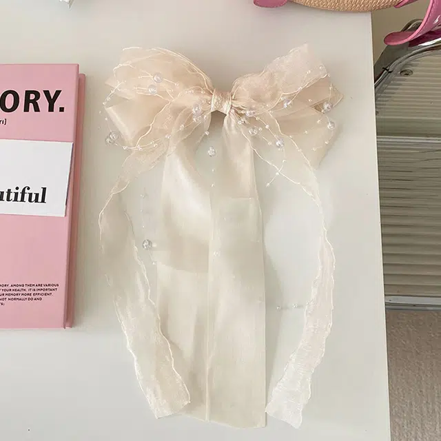 妖娆猫 超仙甜美网纱蝴蝶结后脑勺多层飘带水珠链条弹簧夹高级感 发夹 女款