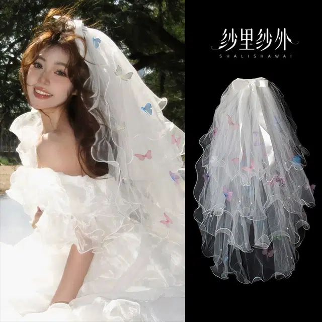 妖娆猫 超仙彩色蝴蝶结头纱蓬蓬纱多层饰超仙美摄影写真拍照道具配饰品 网纱 发饰 女款
