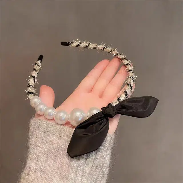 妖娆猫 小香风黑色蝴蝶结珍珠轻奢港风复古高档 发箍 女款