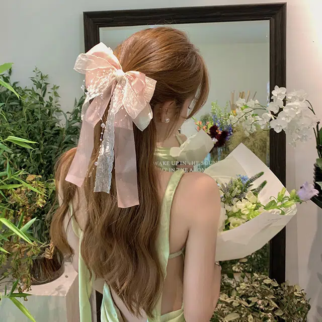 妖娆猫 超仙甜美网纱蝴蝶结后脑勺多层飘带水珠链条弹簧夹高级感 发夹 女款