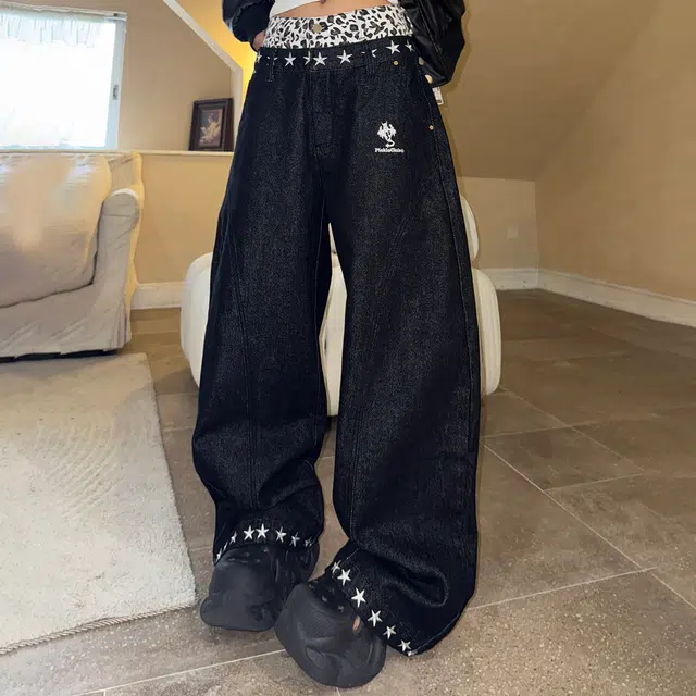 梁拌泡菜 国潮原创暗星漫游者系列拼接豹纹设计水洗弯刀阔腿裤春秋宽松休闲百搭长裤牛仔裤 男女同款