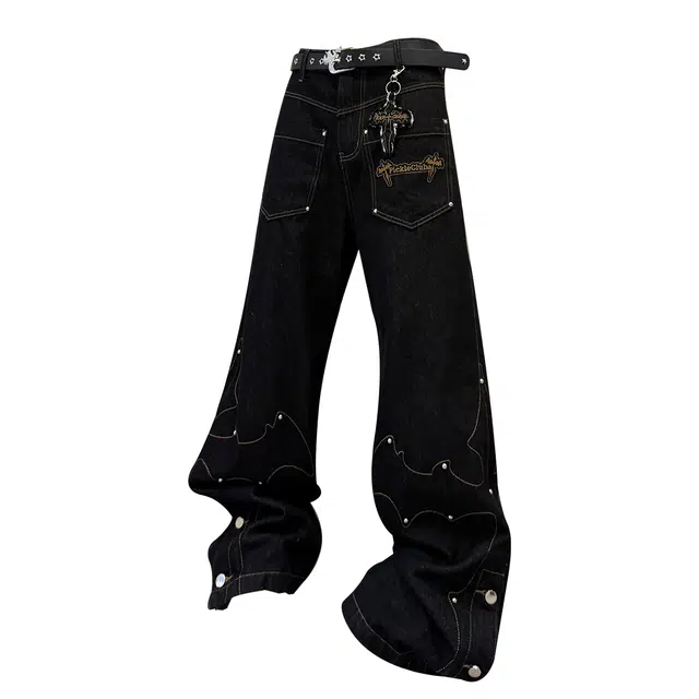 梁拌泡菜 美式街头宽松可拆卸十字架裤子原牛休闲百搭微喇直筒阔腿牛仔裤 男女同款