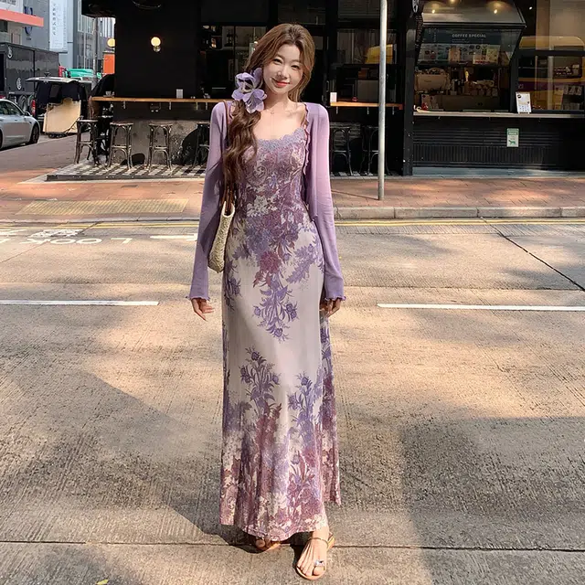 玉儿恋 纯欲风新中式气质复古碎花拼接蕾丝吊带开衫度假茶歇裙装套装 女款 紫色单品