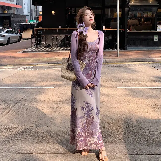 玉儿恋 纯欲风新中式气质复古碎花拼接蕾丝吊带开衫度假茶歇裙装套装 女款 紫色单品