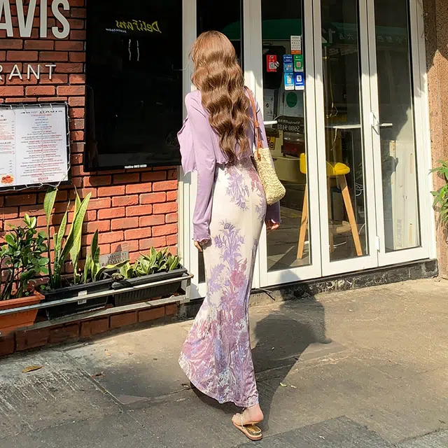 玉儿恋 纯欲风新中式气质复古碎花拼接蕾丝吊带开衫度假茶歇裙装套装 女款 紫色单品