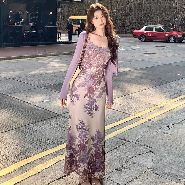 玉儿恋 纯欲风新中式气质复古碎花拼接蕾丝吊带开衫度假茶歇裙装套装 女款 紫色单品