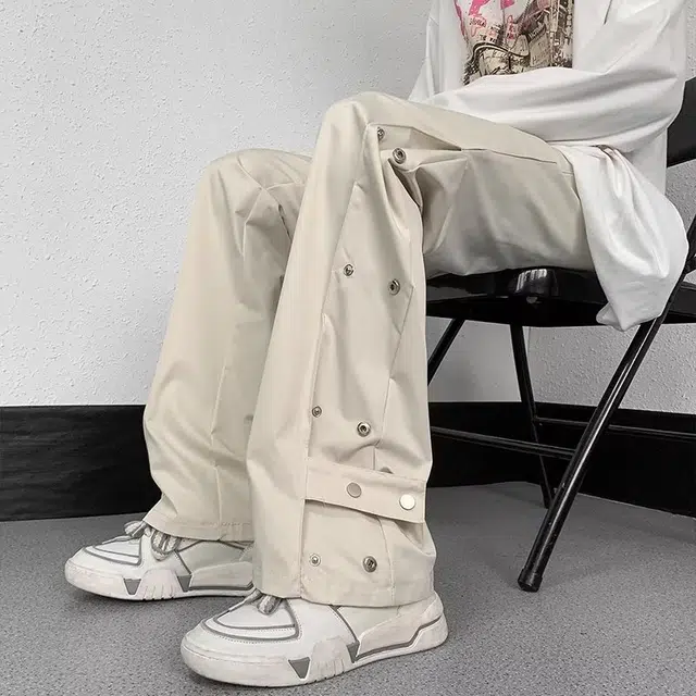 美式城市高街机能风设计款隐藏排扣直筒弹力中腰系带垂感显瘦显高休闲宽松直筒微喇休闲裤 男女同款