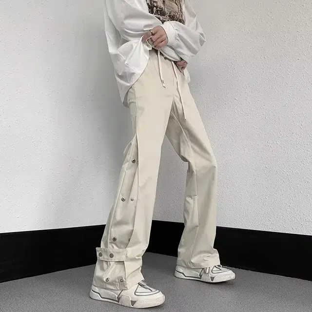美式城市高街机能风设计款隐藏排扣直筒弹力中腰系带垂感显瘦显高休闲宽松直筒微喇休闲裤 男女同款
