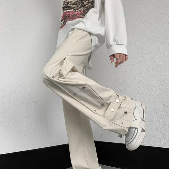 美式城市高街机能风设计款隐藏排扣直筒弹力中腰系带垂感显瘦显高休闲宽松直筒微喇休闲裤 男女同款