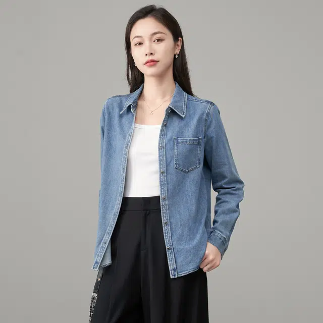 娅丽达 休闲纯色宽松翻领长袖牛仔衬衫 女款
