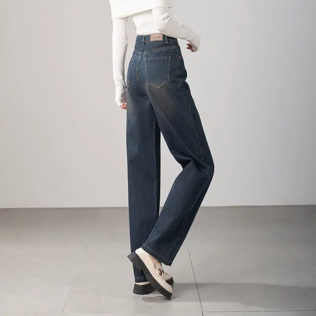娅丽达 纯色阔腿自然腰拉链休闲牛仔裤 女款 蓝色