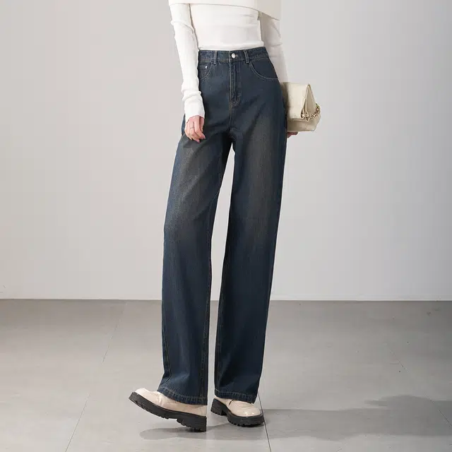 娅丽达 纯色阔腿自然腰拉链休闲牛仔裤 女款 蓝色