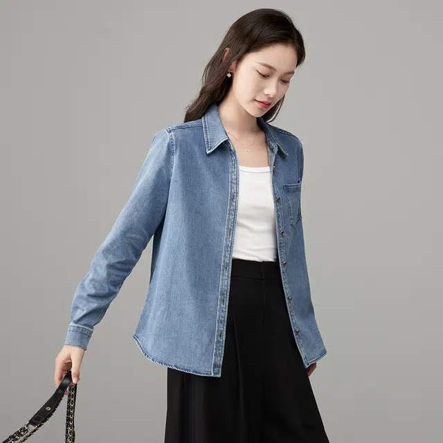 娅丽达 休闲纯色宽松翻领长袖牛仔衬衫 女款