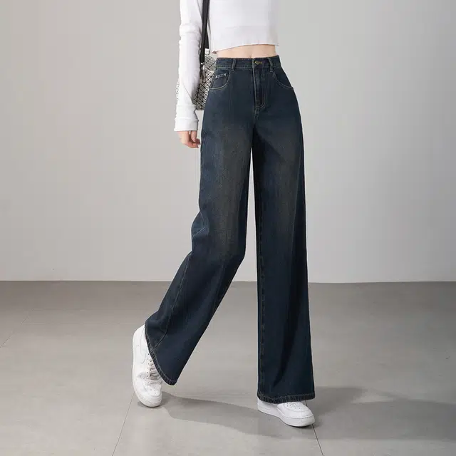 娅丽达 宽松垂感显瘦阔腿水洗牛仔裤 女款 美拉德蓝