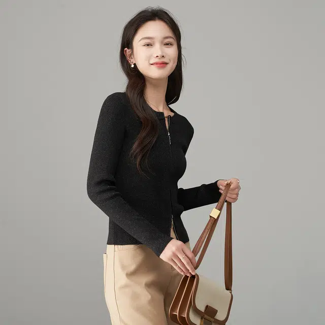 娅丽达 纯色双头拉链圆领修身针织衫 女款
