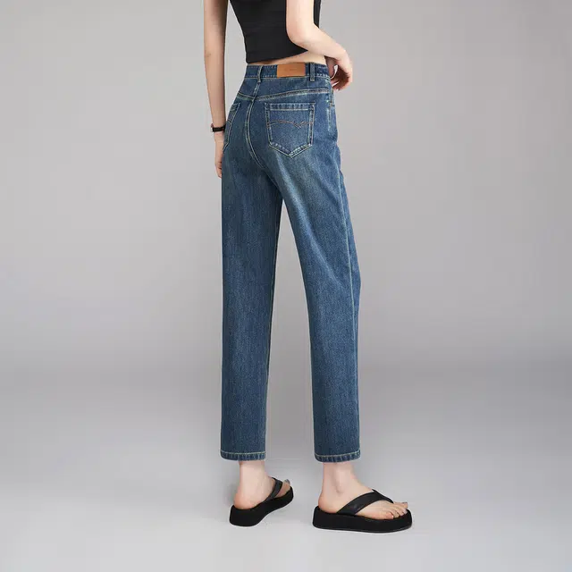 娅丽达 水洗猫须中腰直筒九分牛仔裤 女款