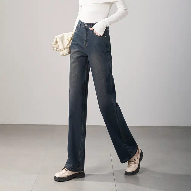 娅丽达 纯色阔腿自然腰拉链休闲牛仔裤 女款 蓝色
