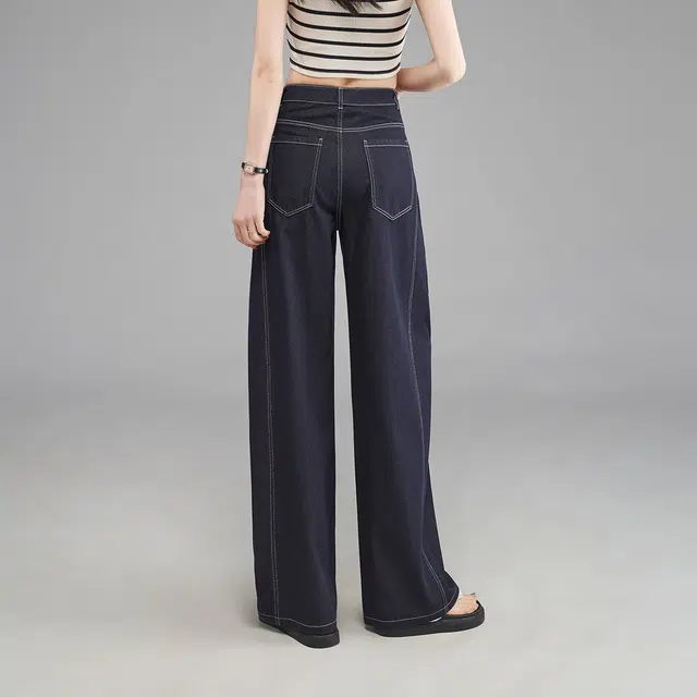 娅丽达 纯色薄款阔腿拉链休闲牛仔裤 女款