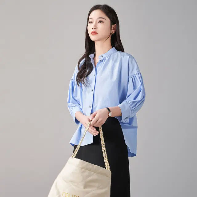 娅丽达 纯色灯笼袖圆领五分袖衬衫 女款