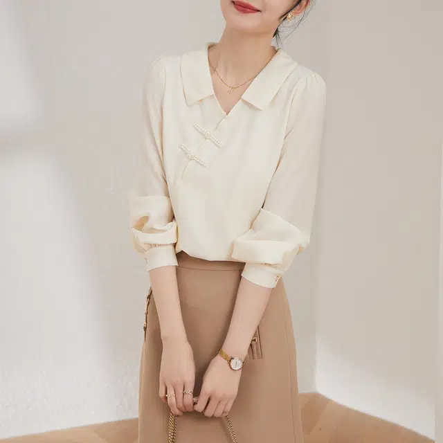 娅丽达 纯色套头直筒翻领休闲长袖衬衫 女款