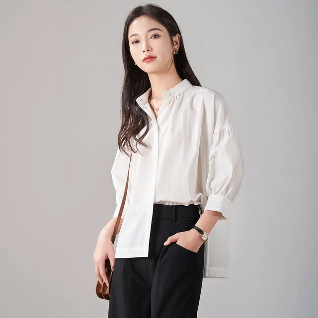 娅丽达 纯色灯笼袖圆领五分袖衬衫 女款