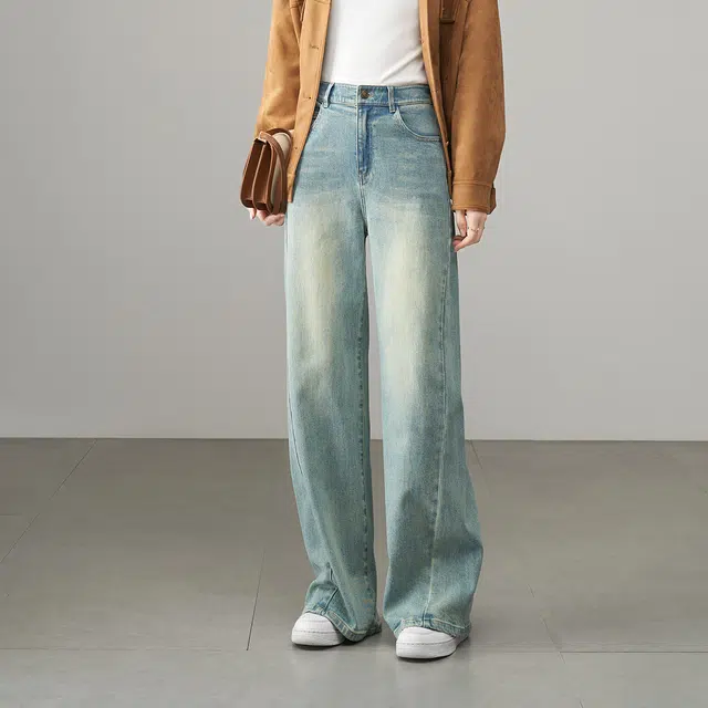 娅丽达 时尚阔腿宽松拉链纯色牛仔裤 女款