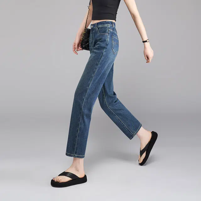 娅丽达 水洗猫须中腰直筒九分牛仔裤 女款