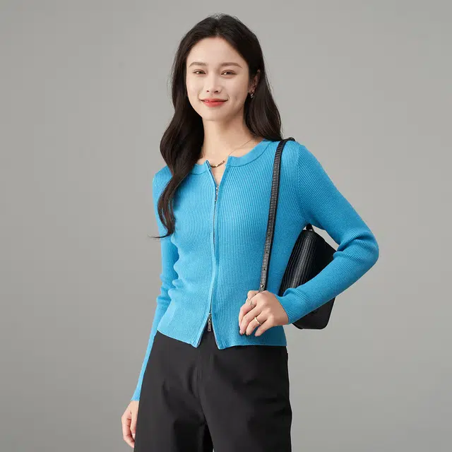 娅丽达 纯色双头拉链圆领修身针织衫 女款
