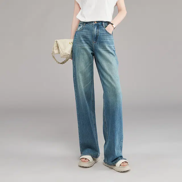 娅丽达 纯色拉链阔腿牛仔裤 女款 蓝色