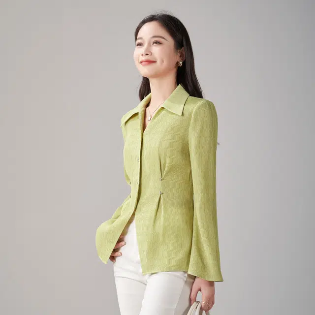 娅丽达 纯色尖领纽扣长袖衬衫 女款
