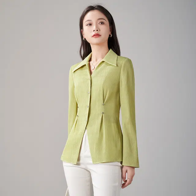 娅丽达 纯色尖领纽扣长袖衬衫 女款