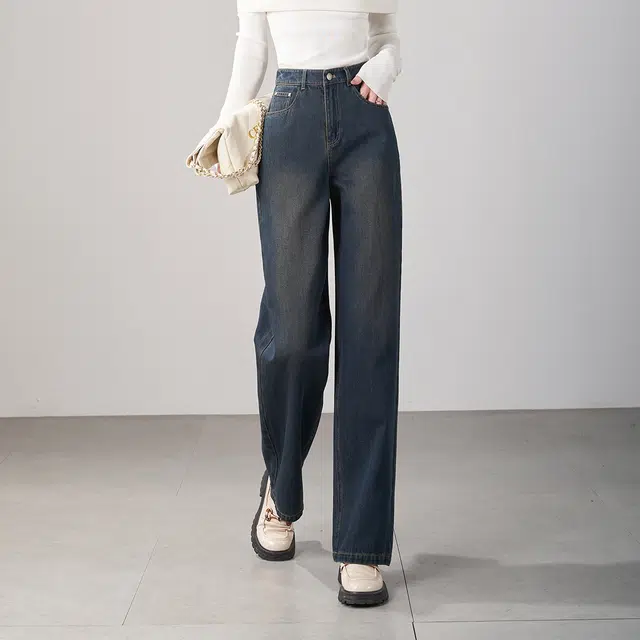 娅丽达 纯色阔腿自然腰拉链休闲牛仔裤 女款 蓝色