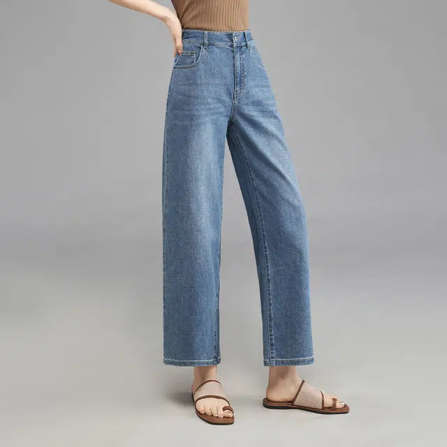 娅丽达 纯色简约时尚直筒牛仔裤 女款 蓝色