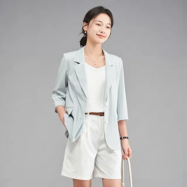 娅丽达 纯色单排扣双口袋七分袖西装外套 女款